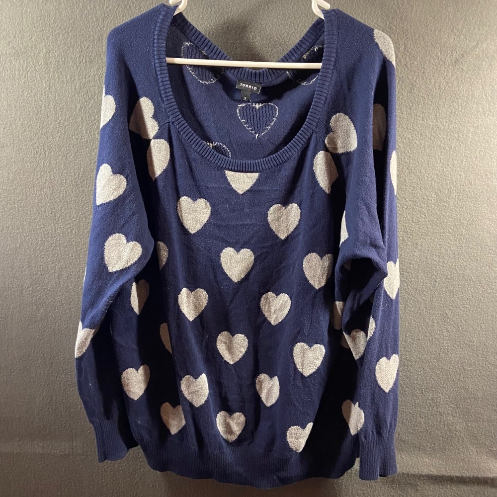 Torrid Women 3X Navy Heart Print Sweater Cotton Knit‎ Soft Girl Cozy Plus Size